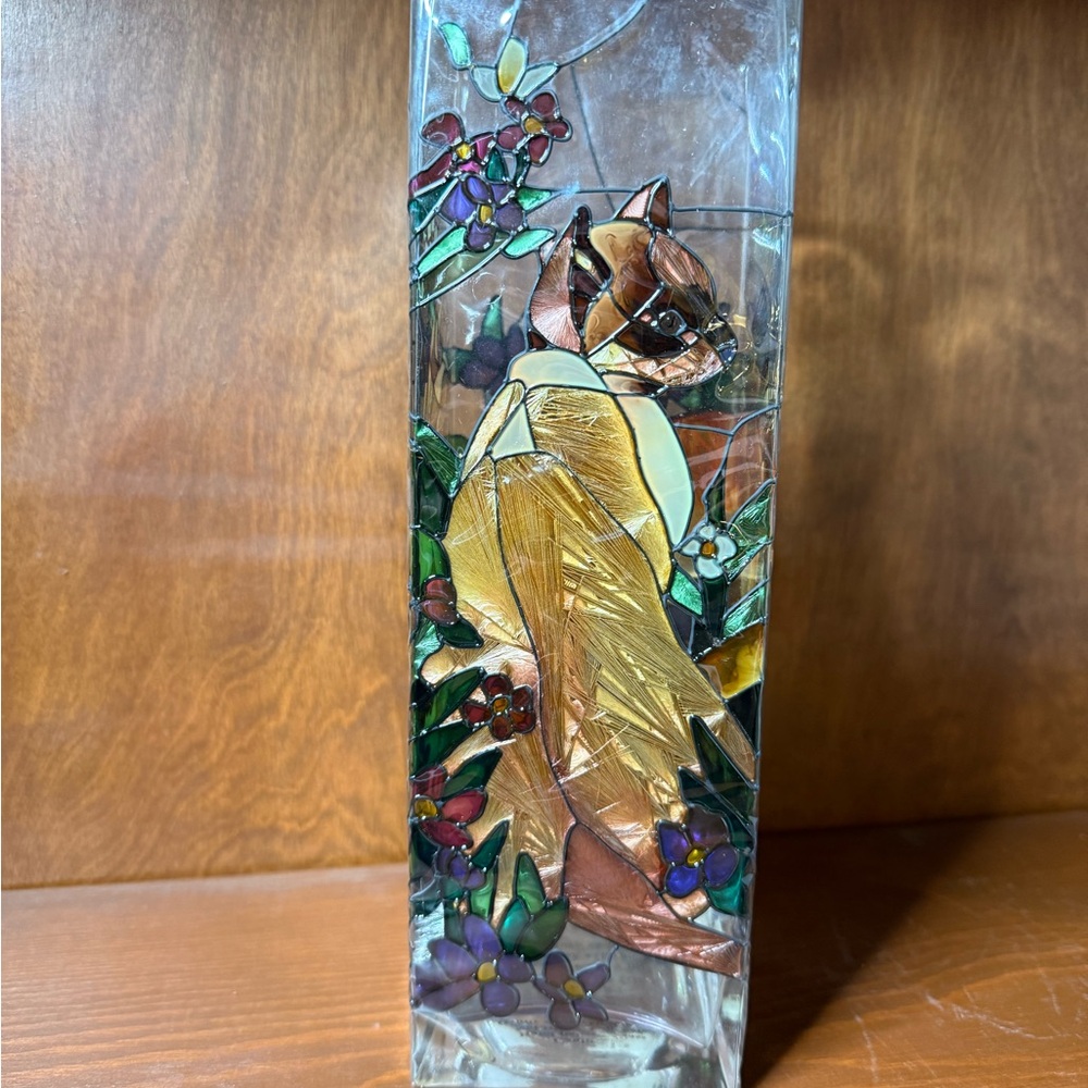 Stained Glass Art Vase with Cat Design